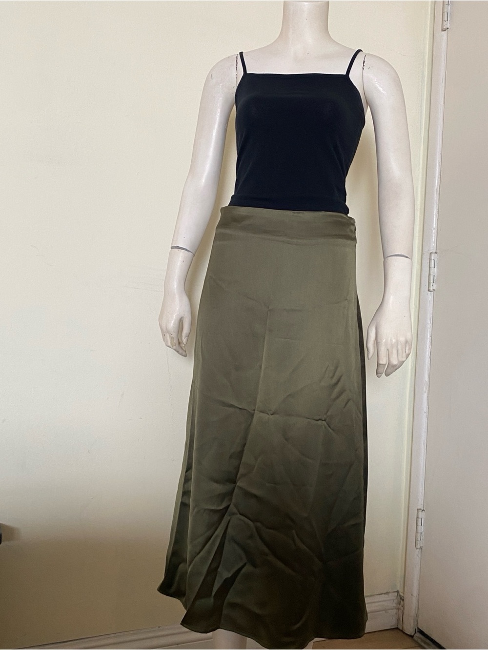 Olive Green Satin A-Line Midi Skirt